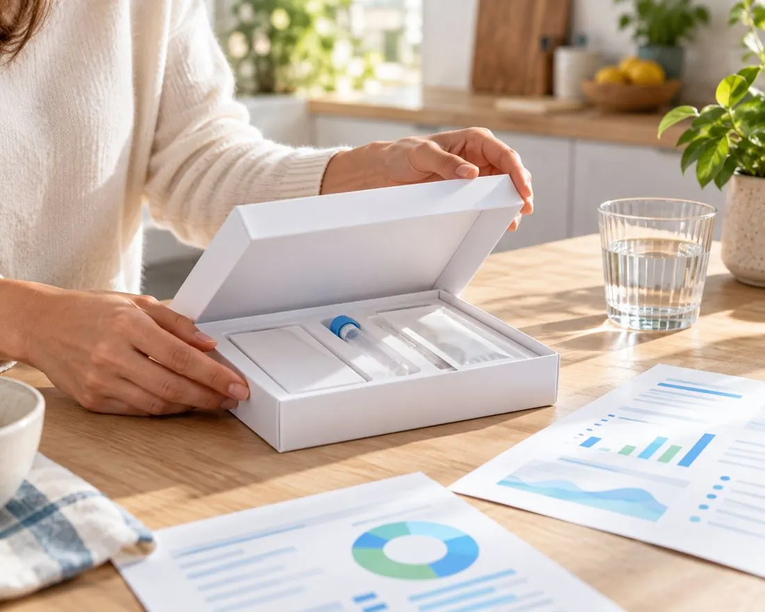 Il kit del test del microbiota aperto sul tavolo di casa